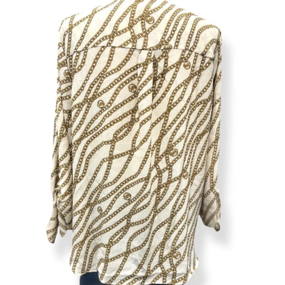 Michael Kors Women’s Off White V Neck Blouse 3/4‎ Tie Sleeve Top Size Large Gold - Image 4