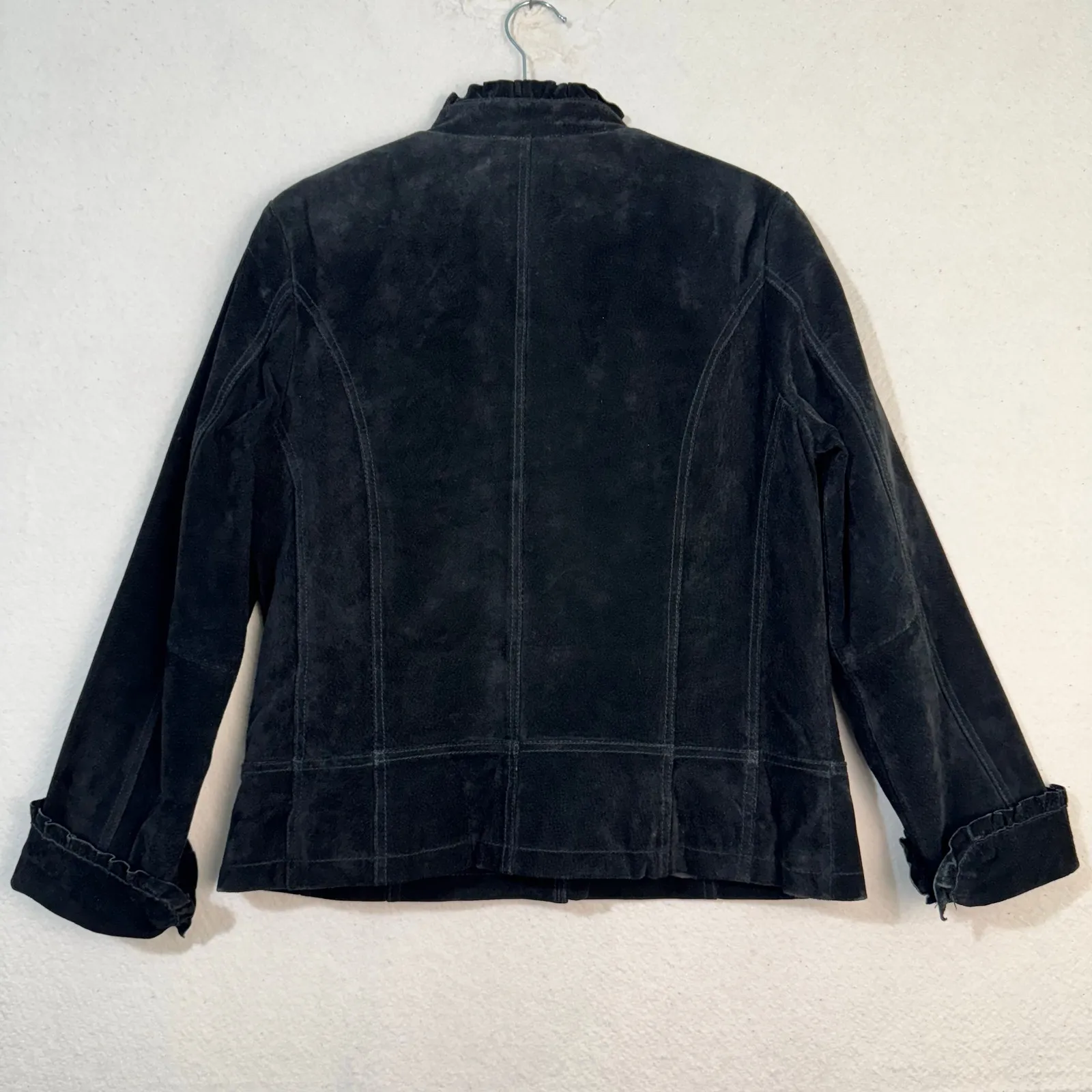 Brandon Thomas VTG Black Suede Leather Jacket Blazer Ruffle - Image 3