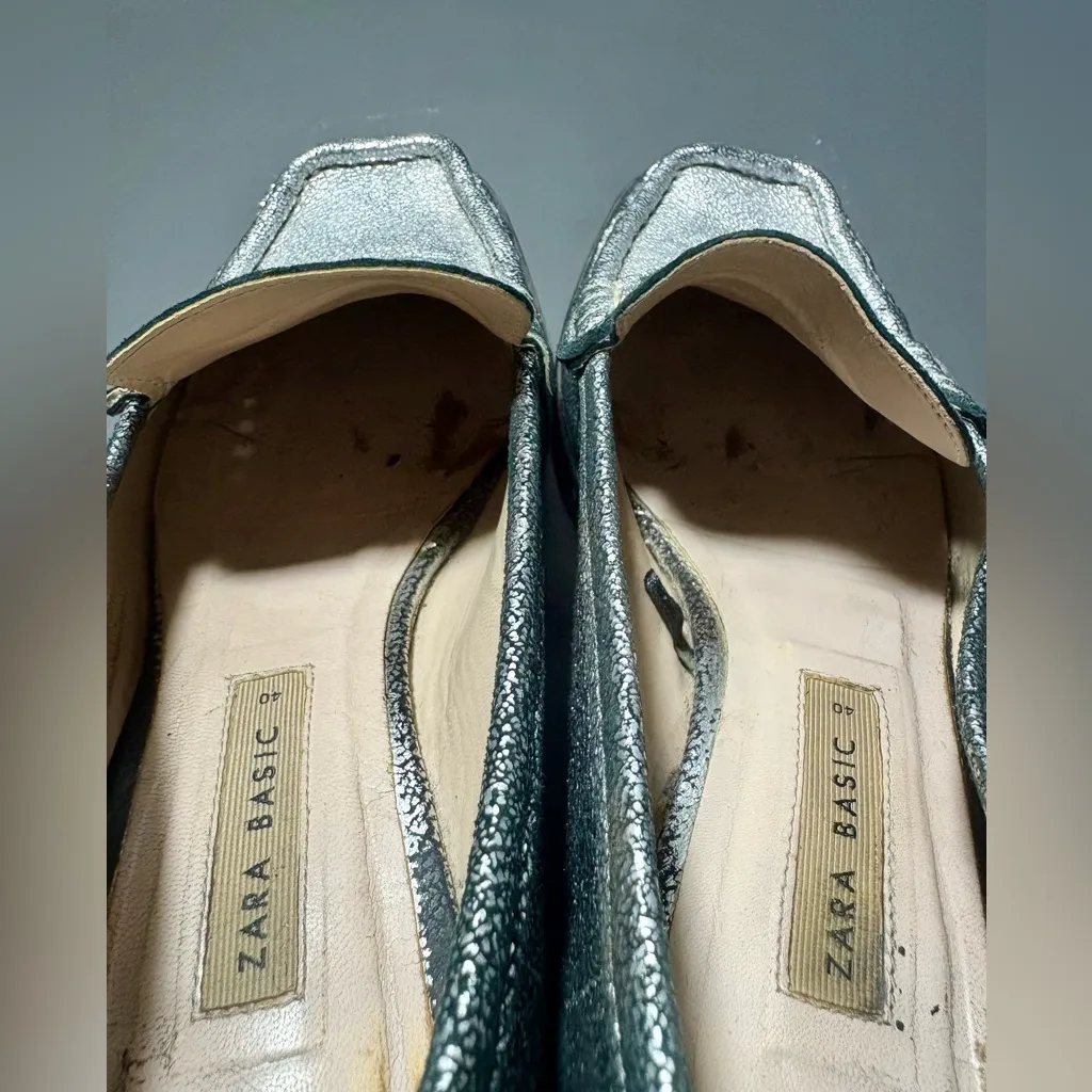 ZARA Shimmery Silver Leather Square Toe Loafers - Image 8