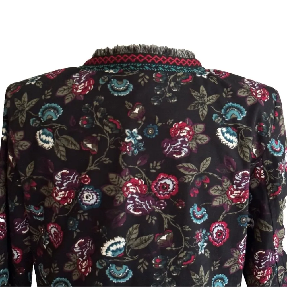 Loft Outlet Black Floral Fringe Embroidered 3/4 Sleeve Open Front Blazer Size 8 - Image 5