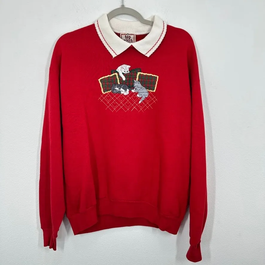Top Stitch By Morning Sun Red Cat Embroidered Collared Sweatshirt Christmas Size L - Image 2