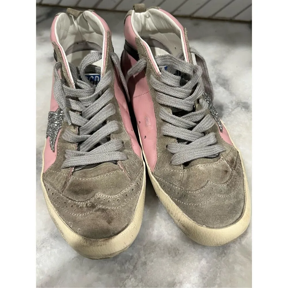 Golden Goose WM Mid Star LTD in pink leather w glitter star & black flash SZ 36 - Image 9