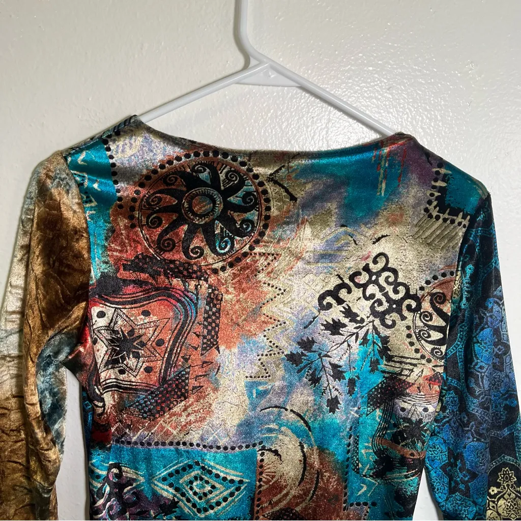 Caia Crushed Velvet Patchwork Blouse Teal Brown M Size M - Image 8