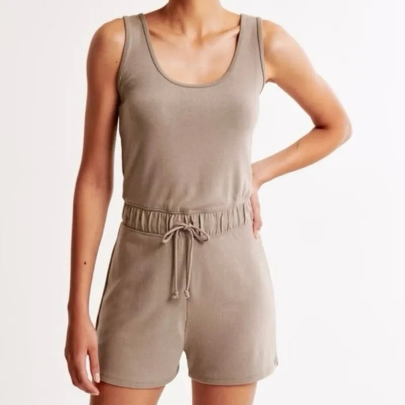 NWT Abercrombie & Fitch Lounge Romper Womens L Gray Drawstring Waist Sleeveless - Image 2