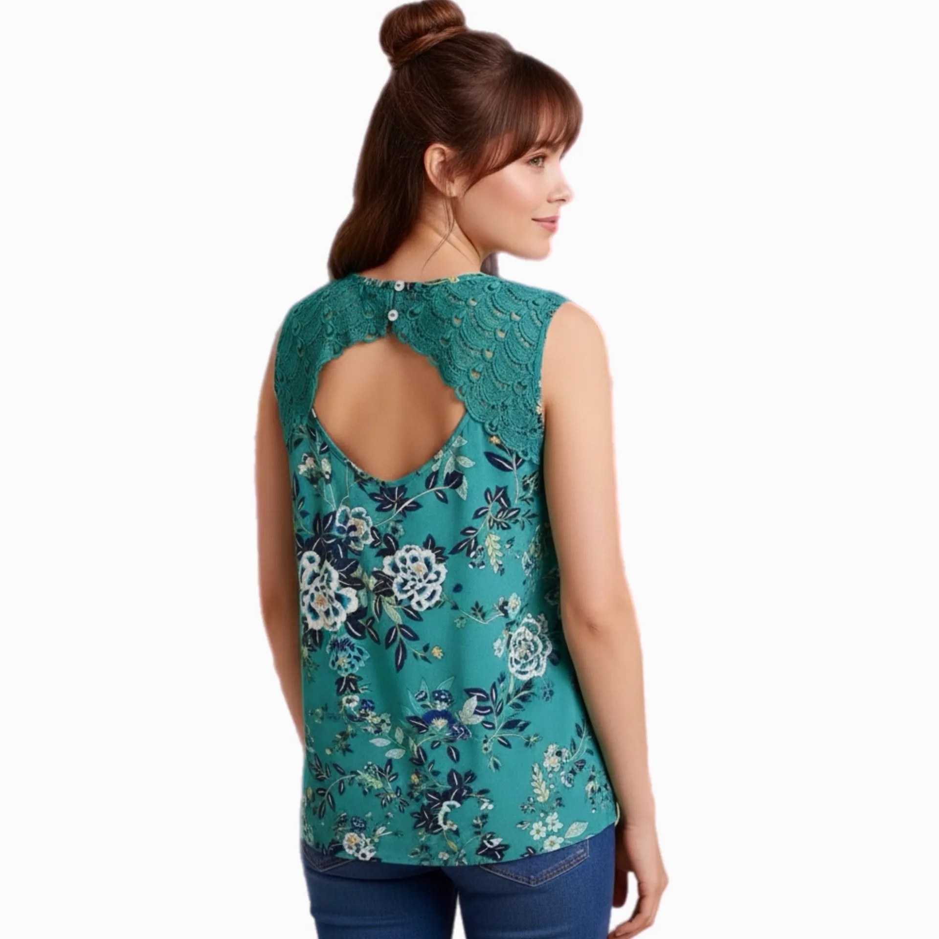 New Daniel Rainn Tropical Green Floral Sleeveless Blouse Crochet Lace Womens 2XL - Image 2