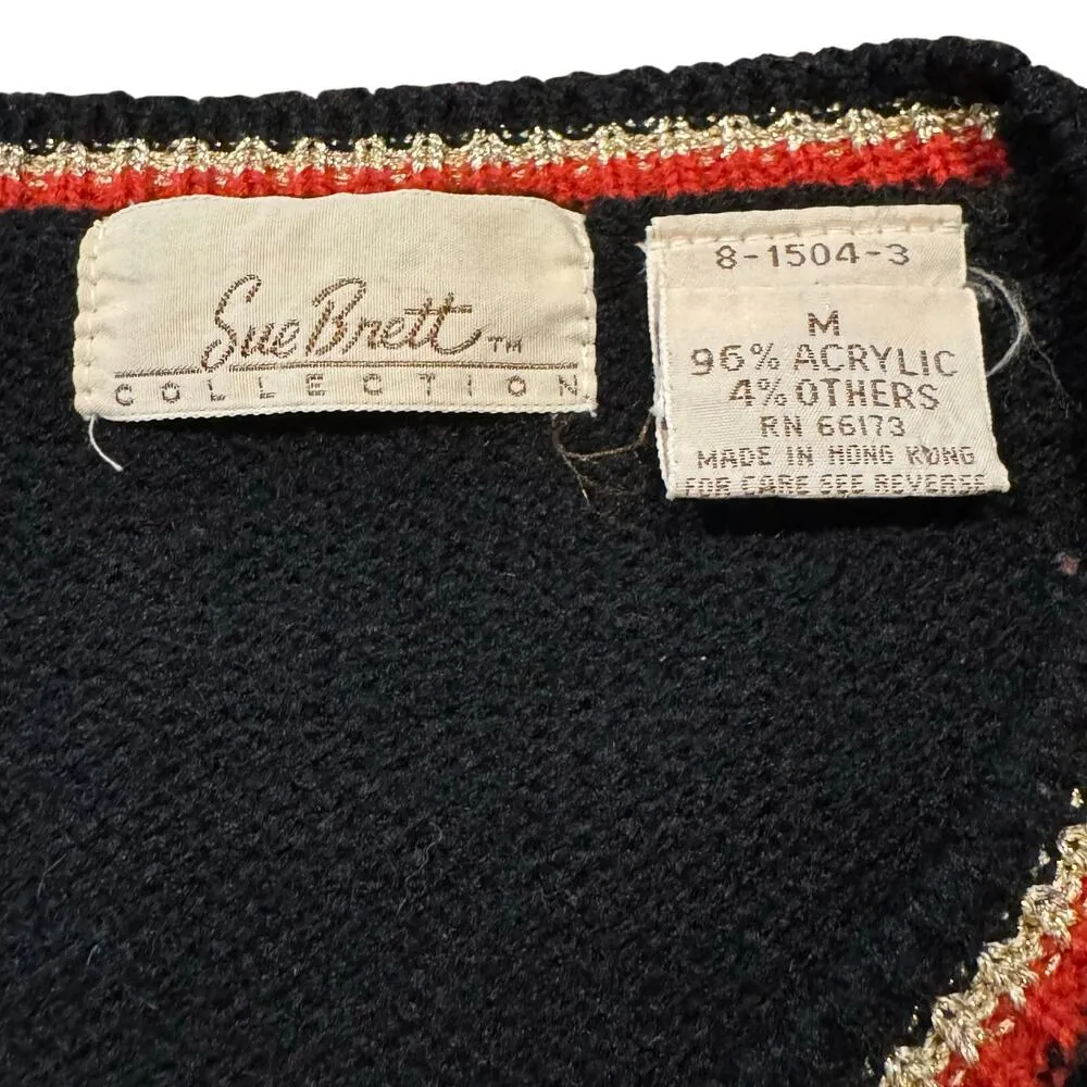 Sue Brett Collection Vintage Tassel Sweater Black Red Gold Silver Medium - Image 8