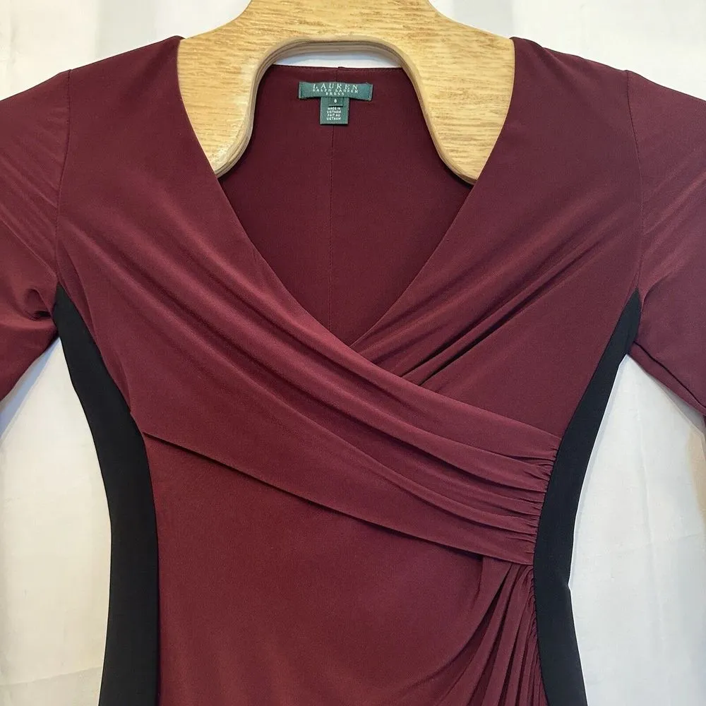 Lauren Ralph Lauren Size 6 Maroon Black Long Sleeve Faux Wrap Midi Dress Stretch - Image 2