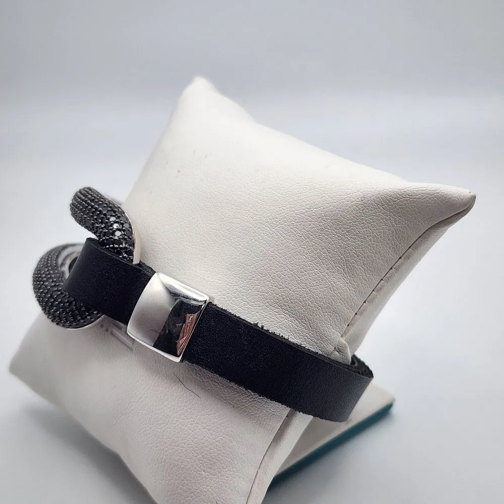 Milor Italy Bronze Silver Tone, Black Leather & Black Spinel Bracelet - Image 3