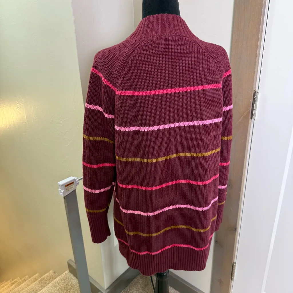 Lands' End Drifter Shaker Easy Fit Mock Neck Tunic Sweater Maroon Pink Stripe L - Image 4