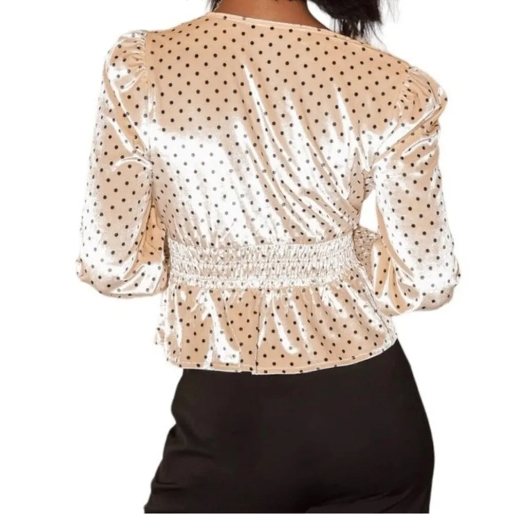 Lulus Top Chic Upgrade Champagne Polka Dot Velvet Smocked Blouse Size Small - Image 6
