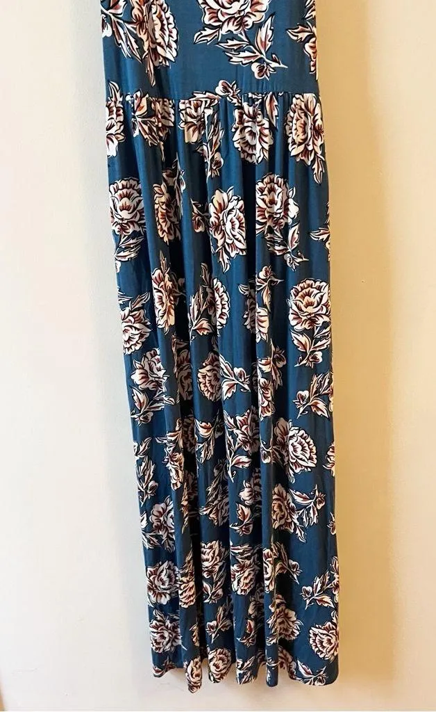 Matilda Jane Blue/Maroon Floral Jersey Stretch Pullover Maxi Dress Pockets Small - Image 3