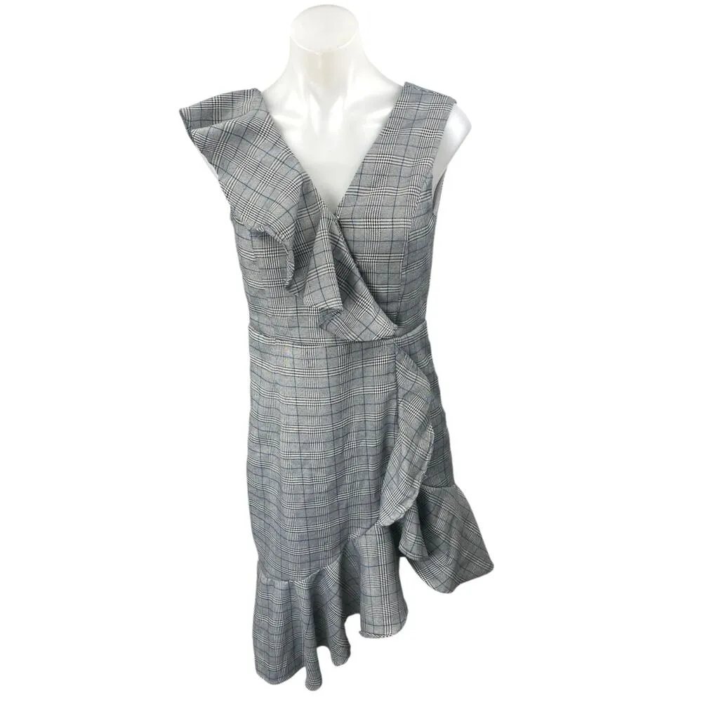 Aqua Gray Plaid Tartan Sleeveless Ruffle Asymmetric V Neck Mini Sheath Dress S - Image 2