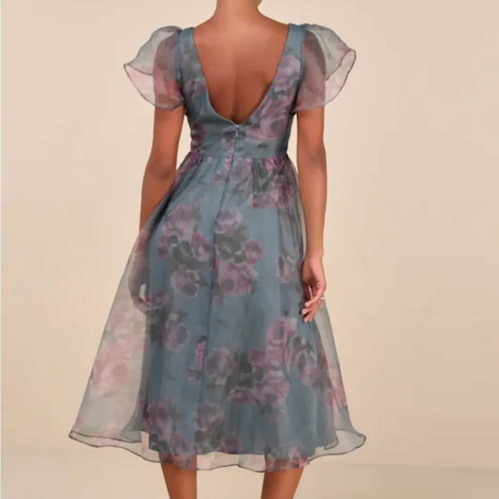 Lulu's Elegant Blue and Pink Floral Midi Dress Size L - Image 2