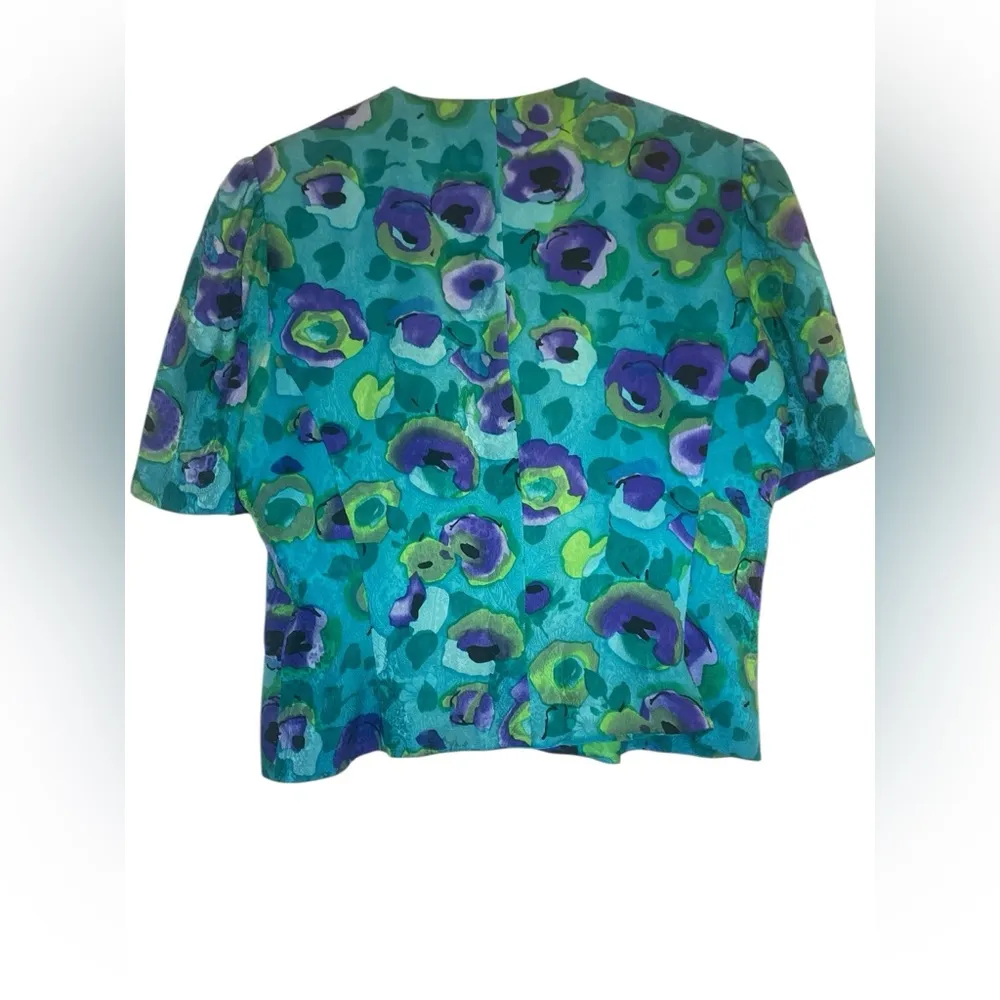 Adrianna Papell 100%‎ Silk Jacket Blouse Blue Green Purple Size 12 Formal Floral - Image 3