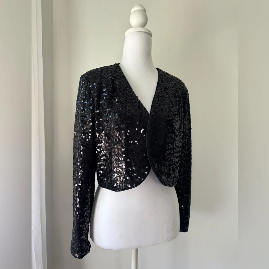 R&M Collection Black Sequined Cropped Open Front Jacket Size XL - Image 3