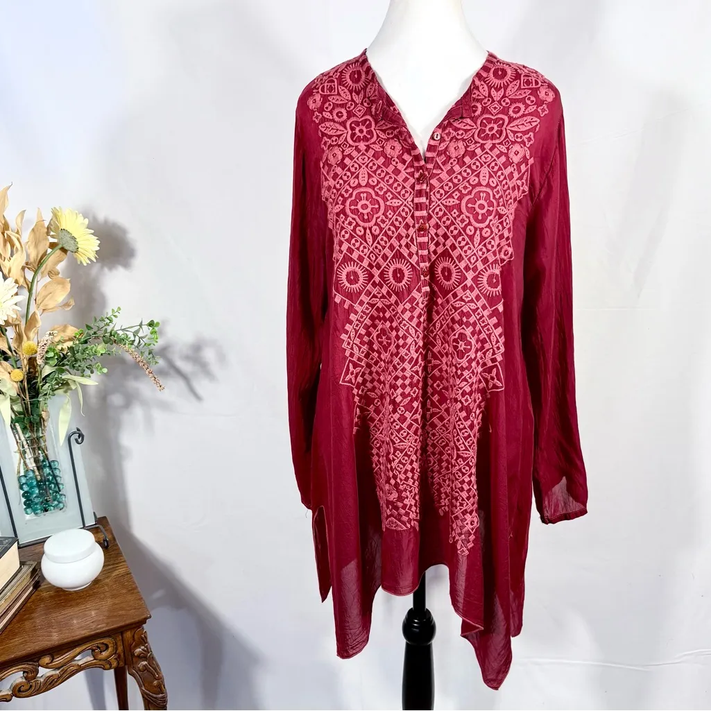 Johnny Was Rona Embroidered Cupro Tunic Top Burgundy Boho Size Medium🧡 - Image 3