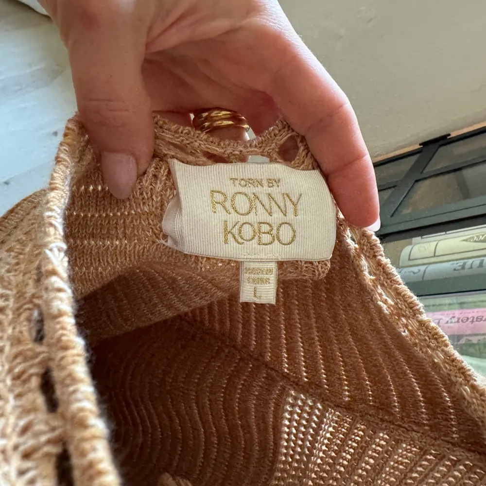 Torn by Ronny Kobo Madi Crochet Dress beige sand maxi resort vneck open back - Image 4