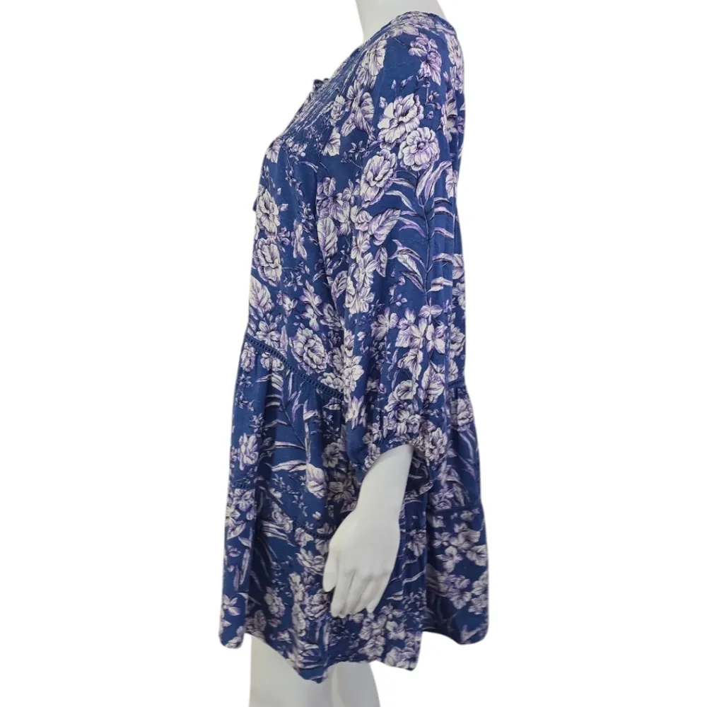 BOG Collective Adeline Blue & White Floral Tassel Tunic Mini Dress Size Medium - Image 3