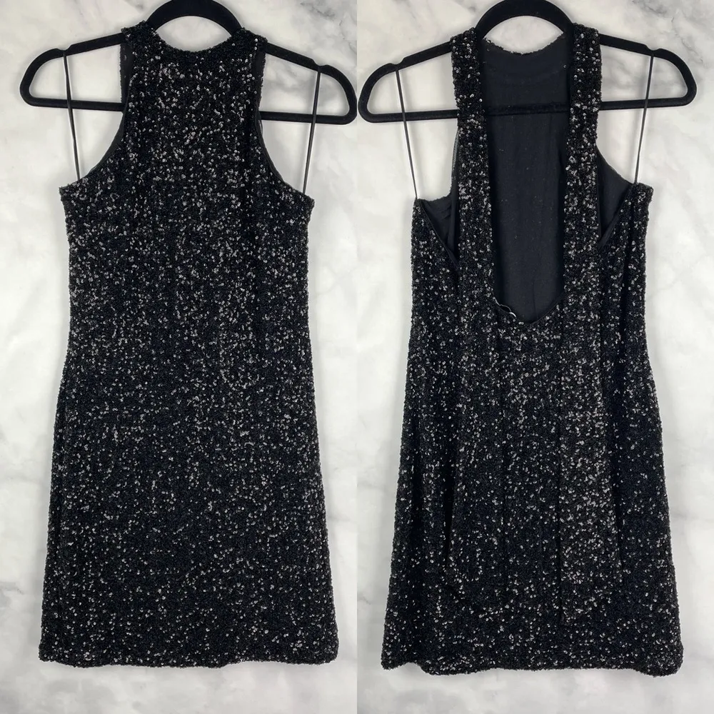 NWT Mango Mng Sequin High Neck Halter Tie Open Back Mini Dress Formal Black 8 - Image 6