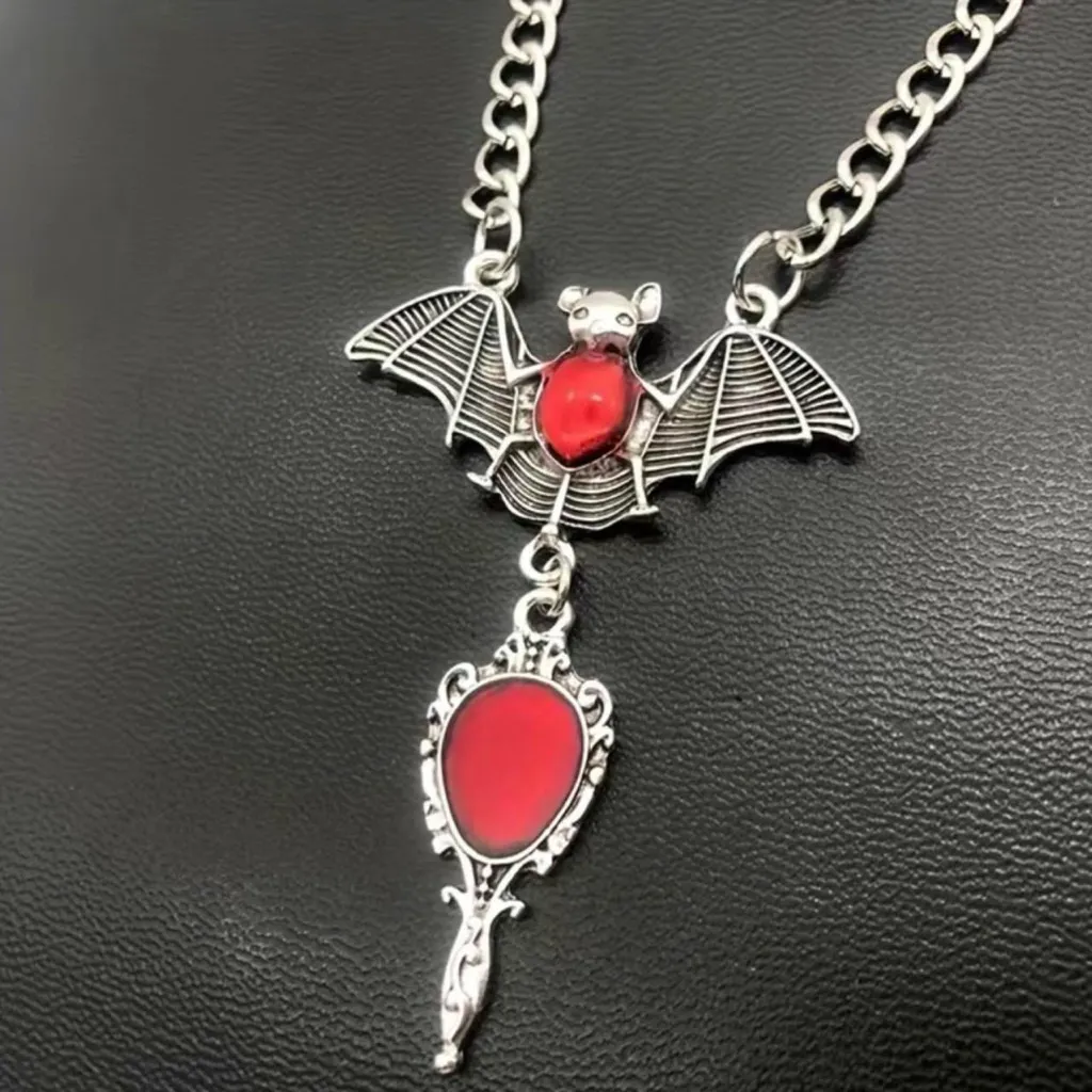 Gothic Party Style Special Bat Red Mirror Pendant‎ Zinc Alloy Necklace Silver - Image 2