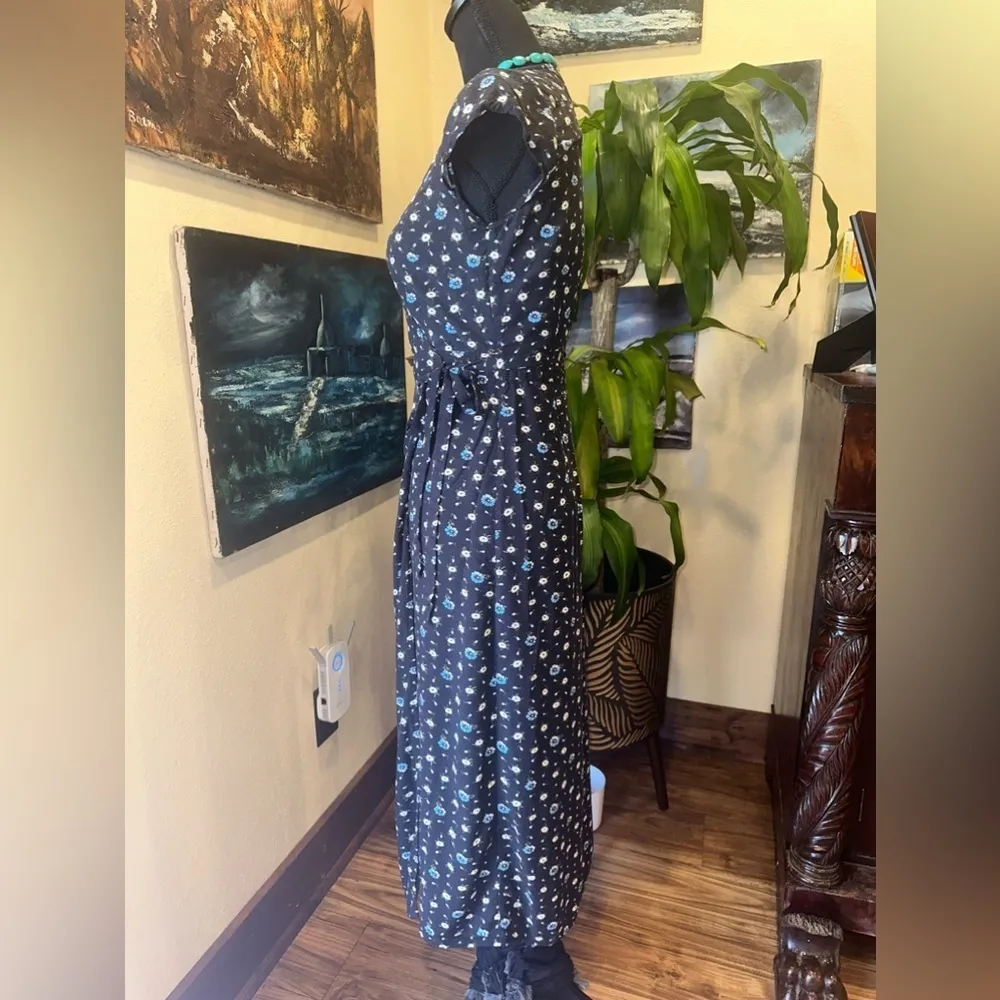 EUC J.CREW Mercantile Floral Wrap Dress Midi Daisy Black Blue SzXXS - Image 3