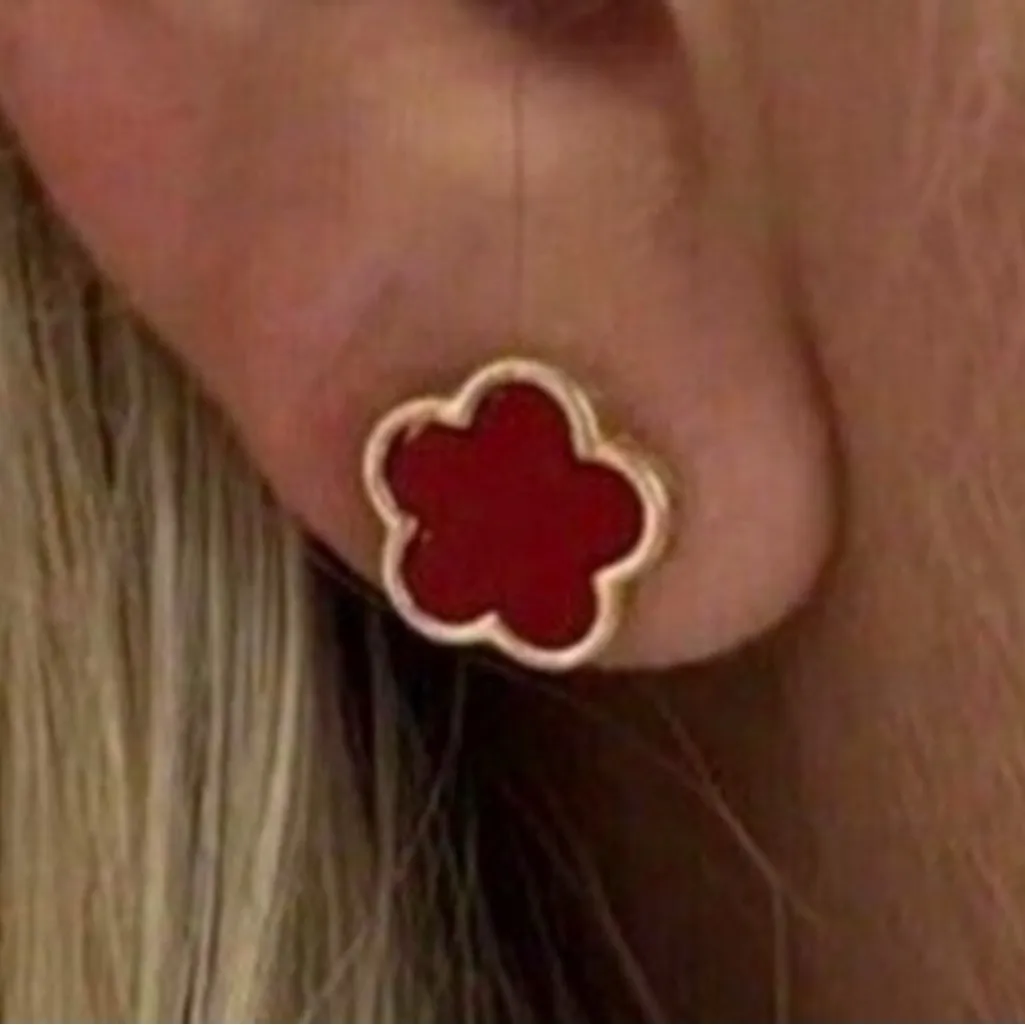 Gold Plated RED Clover Earrings Stainless Steel Floral Womens Jewelry - Image 2