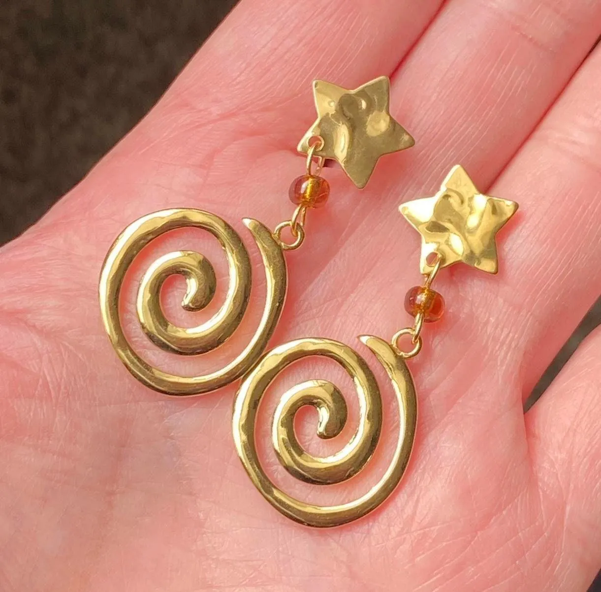 Handmade retro vintage boho funky grunge style fully stainless steel star & swirl dangle earrings☀️🌀 - Image 2