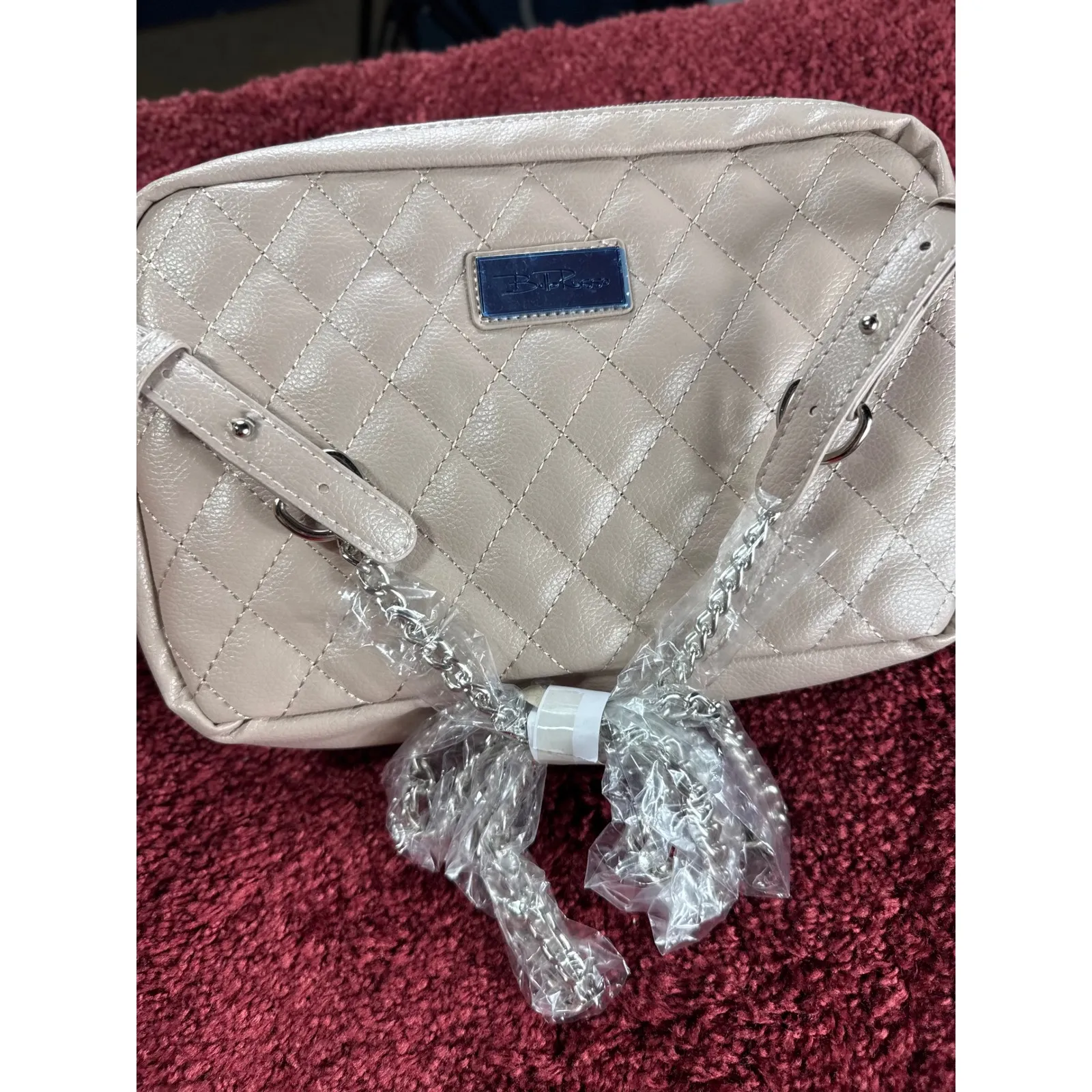 Bella Russo Quilted Crossbody Bag Chain Strap Neutral Beige Purse Tan - Image 3