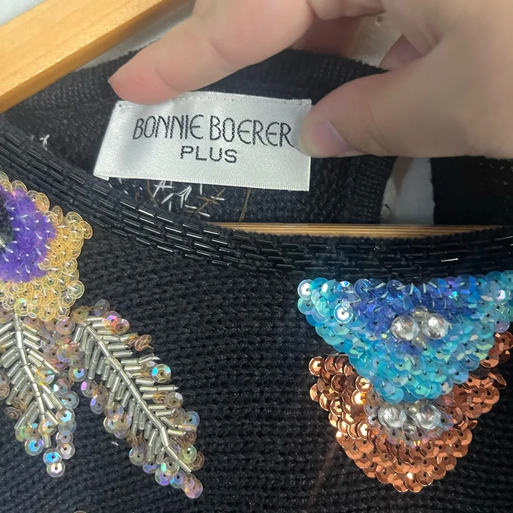 VTG Bonnie Boerer Floral Sequin Sweater Size 1X Black knit Y2K 90s beaded - Image 3