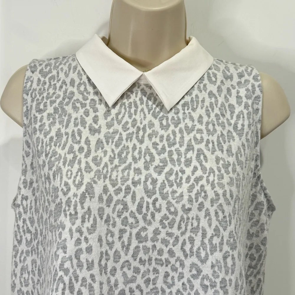 Loft Mixed Media Tank Top Collared Sweater Cream Leopard Layered Small Classic - Image 5