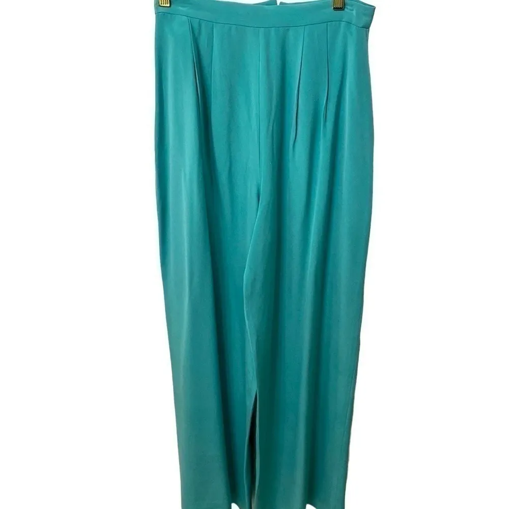 ISI turquoise blue 💯 silk pantsuit. Tunic jacket wide leg palazzo pant. Size 6. - Image 6