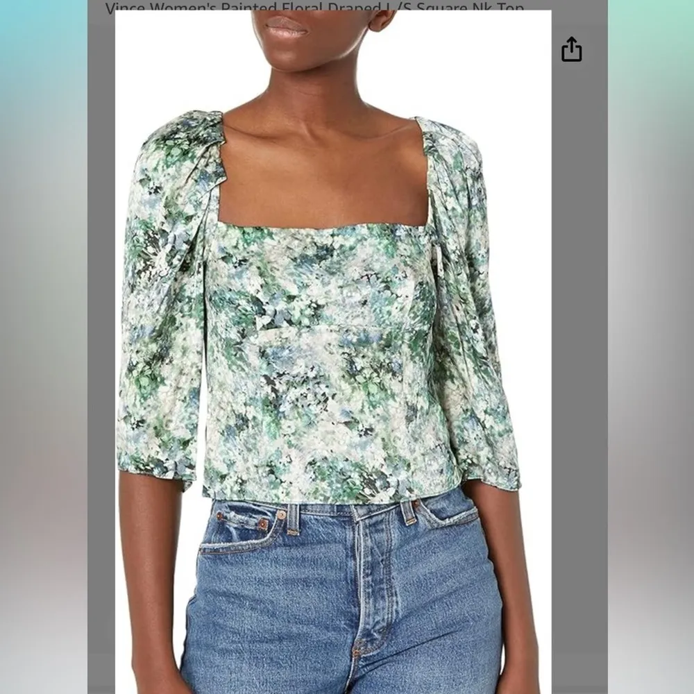 Vince Painted Floral Satin Blouse Top Green Blue Square Neck Size 10 NWT (b12) - Image 4