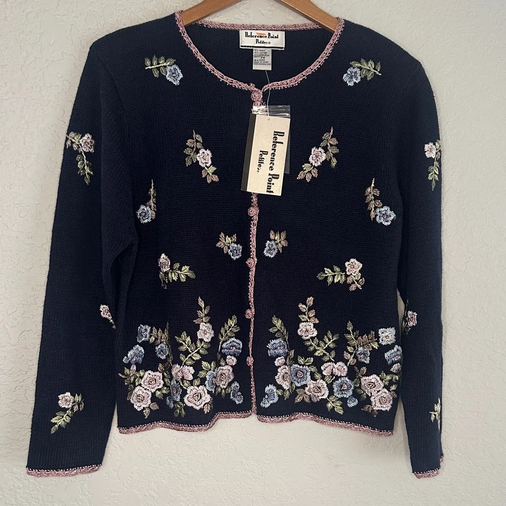 NEW Reference Point Embroidered Cardigan Sweater Grandma Cottage 90s NWT Navy - Image 1
