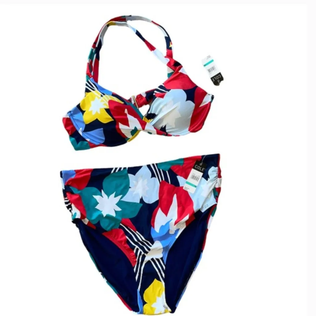 NWT COLE OF CALIFORNIA MULTICOLORED TWO PIECE SWIMSUIT Tummy Control Red Size 16 - Image 2