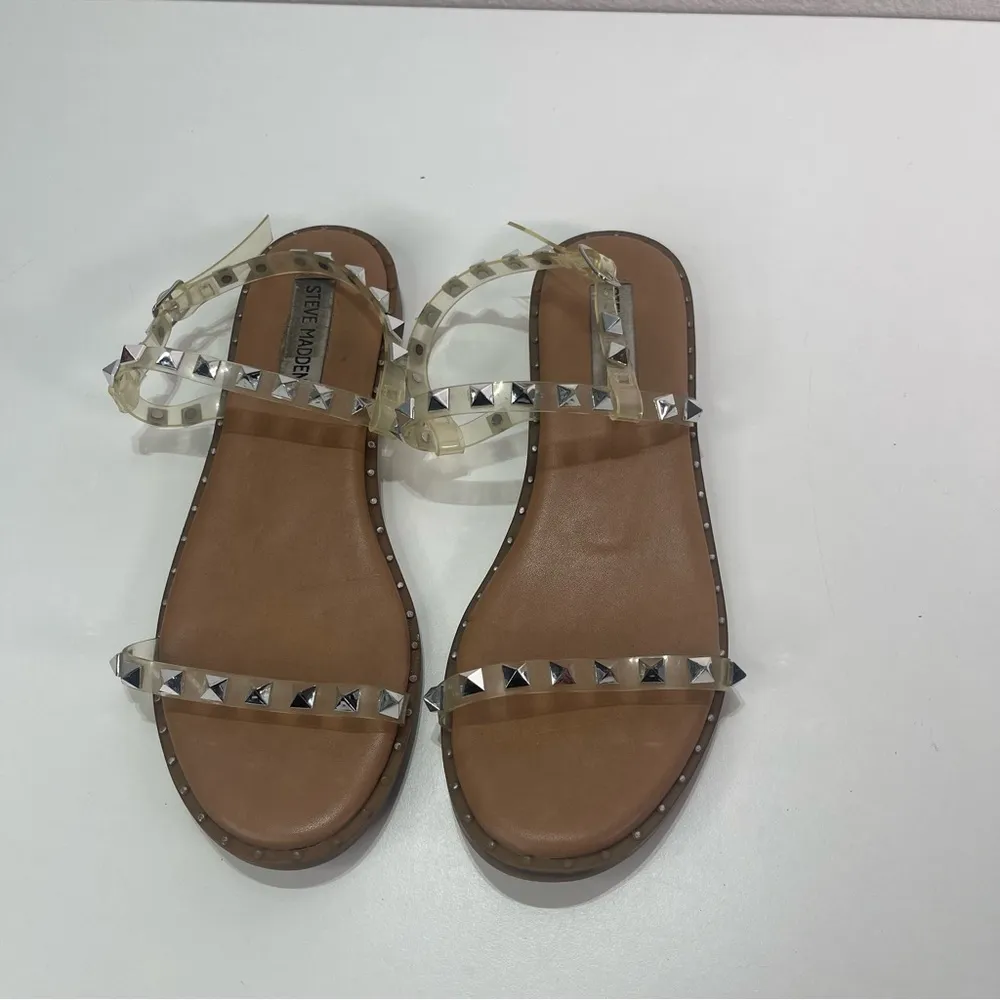 Steve Madden  Sandals Women 7.5 Tan Clear Silver Strappy Pyramid Studded Flats - Image 3