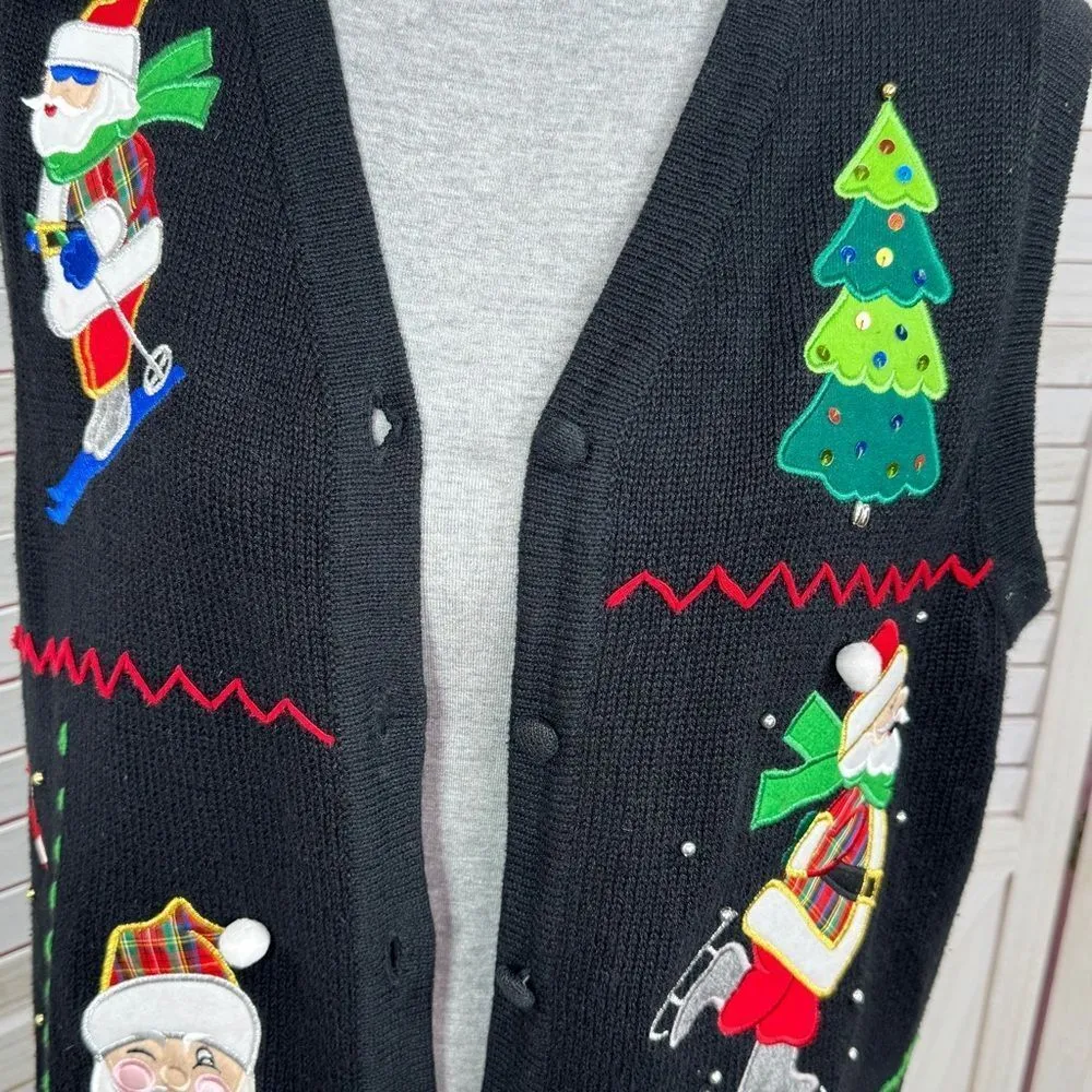 Bechamel Vintage Santa Ugly Christmas Sweater Vest V Neck Button Black Medium - Image 9