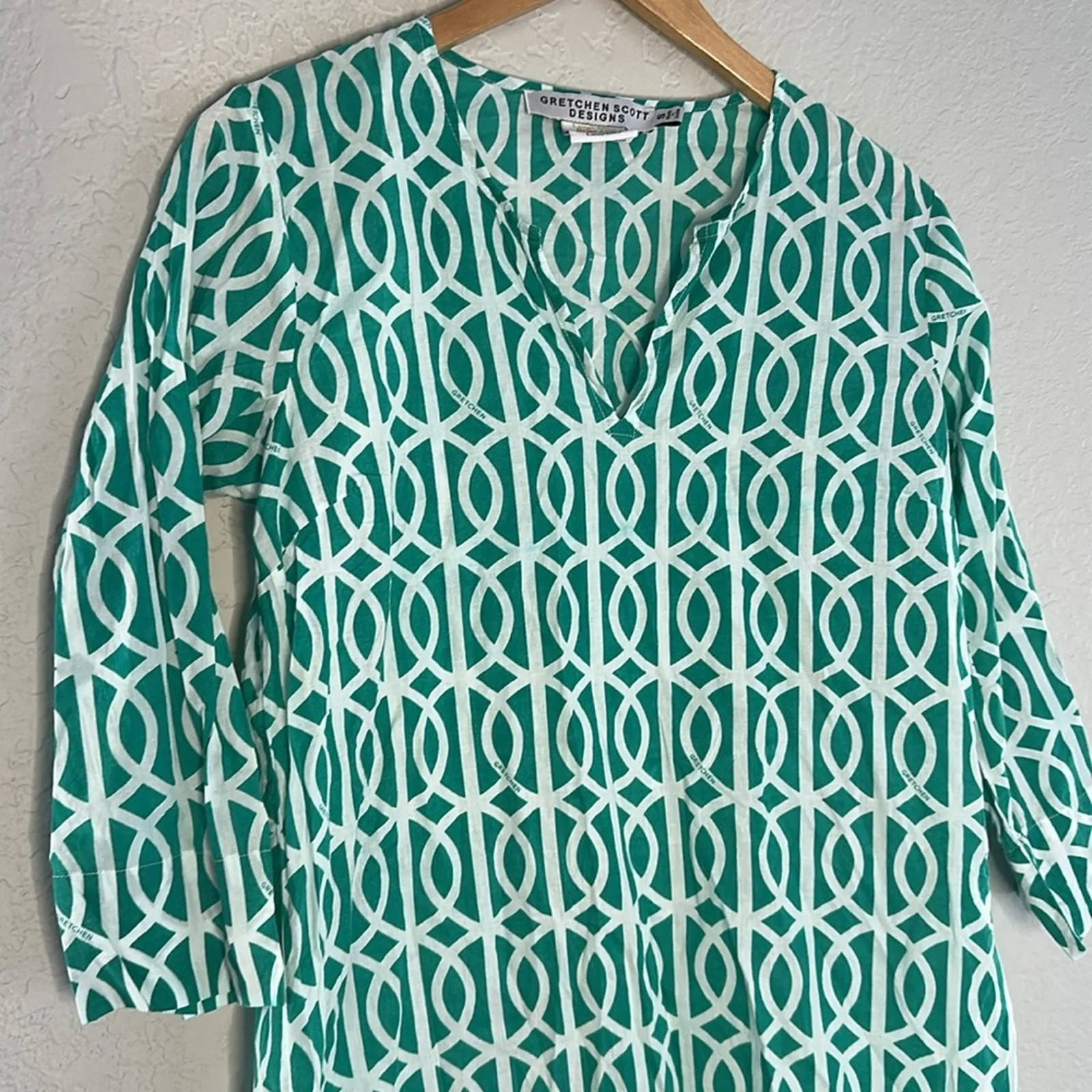 Gretchen Scott Design Green Coverup Tunic Top Geo Print Vacation Resortwear - Image 2