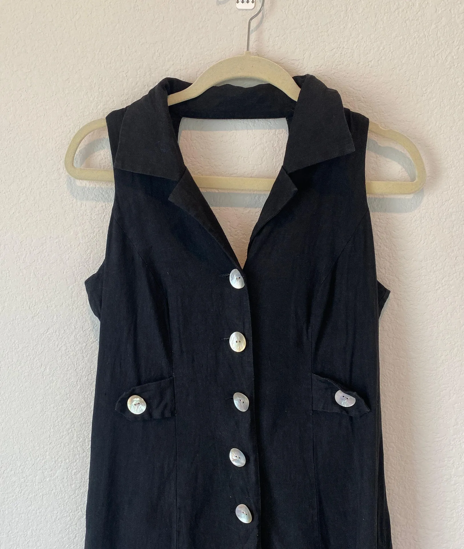 Vintage Virgo II Linen Blend Black Mother Of Pearl Midi Dress Size 10 - Image 2