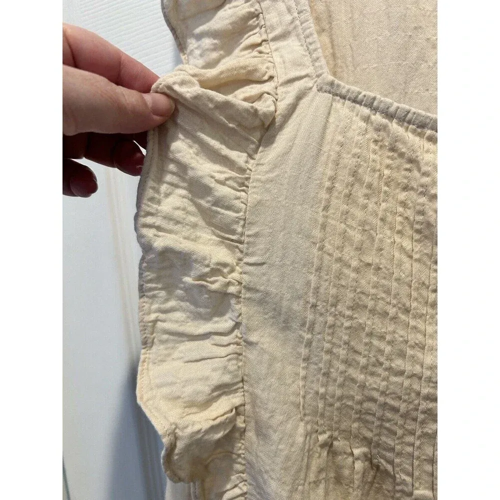 Express Top Womens L Large Beige Short Sleeve Ruffle Button‎ Down Cropped - Image 3