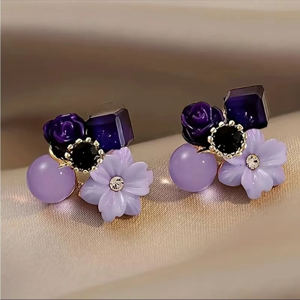 Purple Shiny Flower Shape Stud Earrings Inlaid Shiny Zircon Faux Fashion Jewelry Gold - Image 10