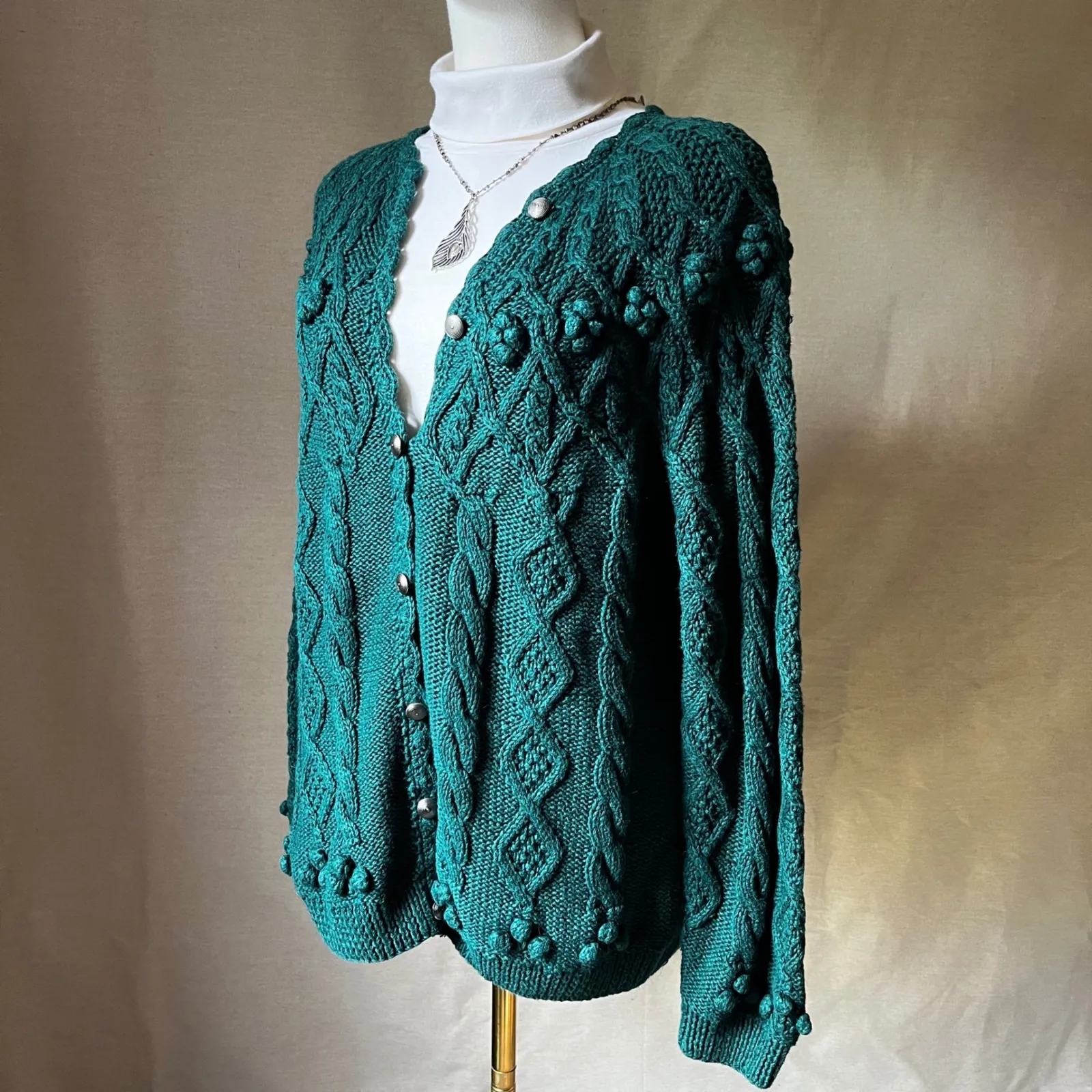 Vintage Northern‎ Isles Hand Knit Teal Bobble Cardigan Sweater Cotton Blend M Green Size M - Image 2