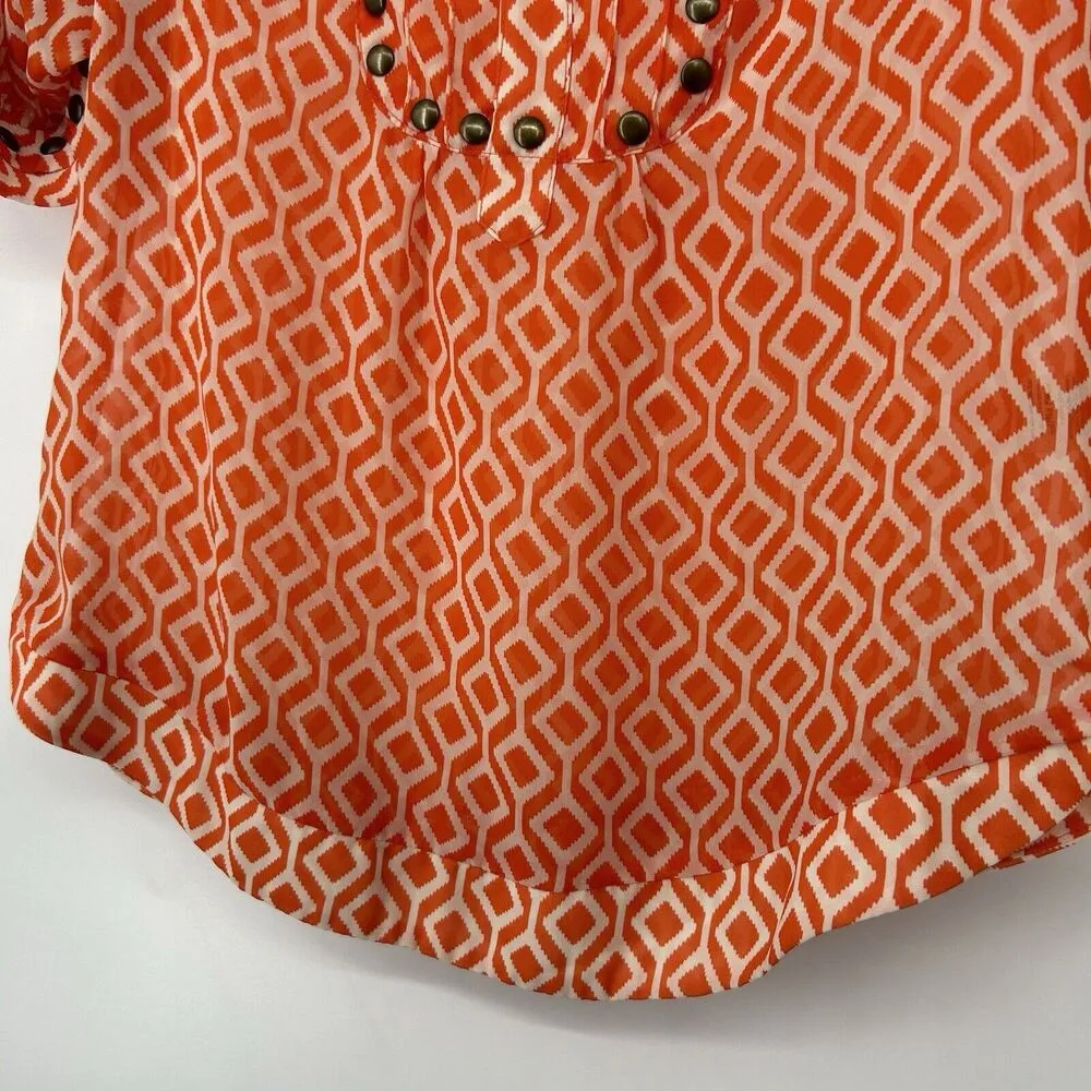 41 Hawthorn Stitch Fix Top Blouse Orange Geometric Studded Tulip Sleeves Size S - Image 4