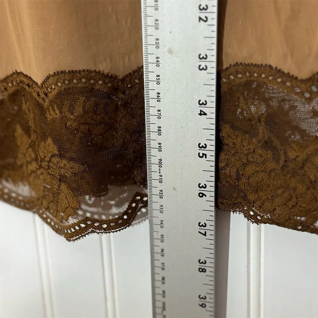 L VTG Vanity Fair Slip Dress 38 Brown Lace Trim Nylon Tricot Coquette Balletcore - Image 6