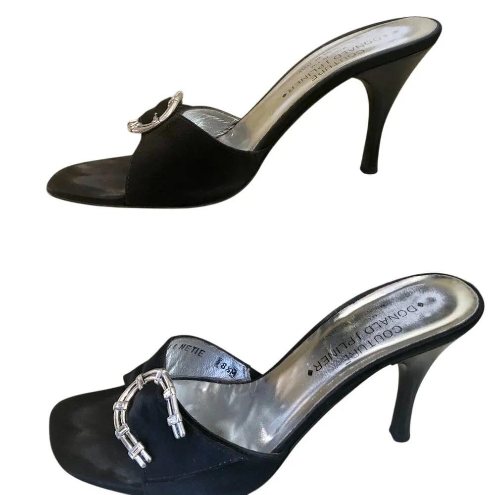 Donald Pliner Shoe Slide Black Satin Mule Silver Metal Buckle Rhinestones $250 Size 8.5 - Image 3