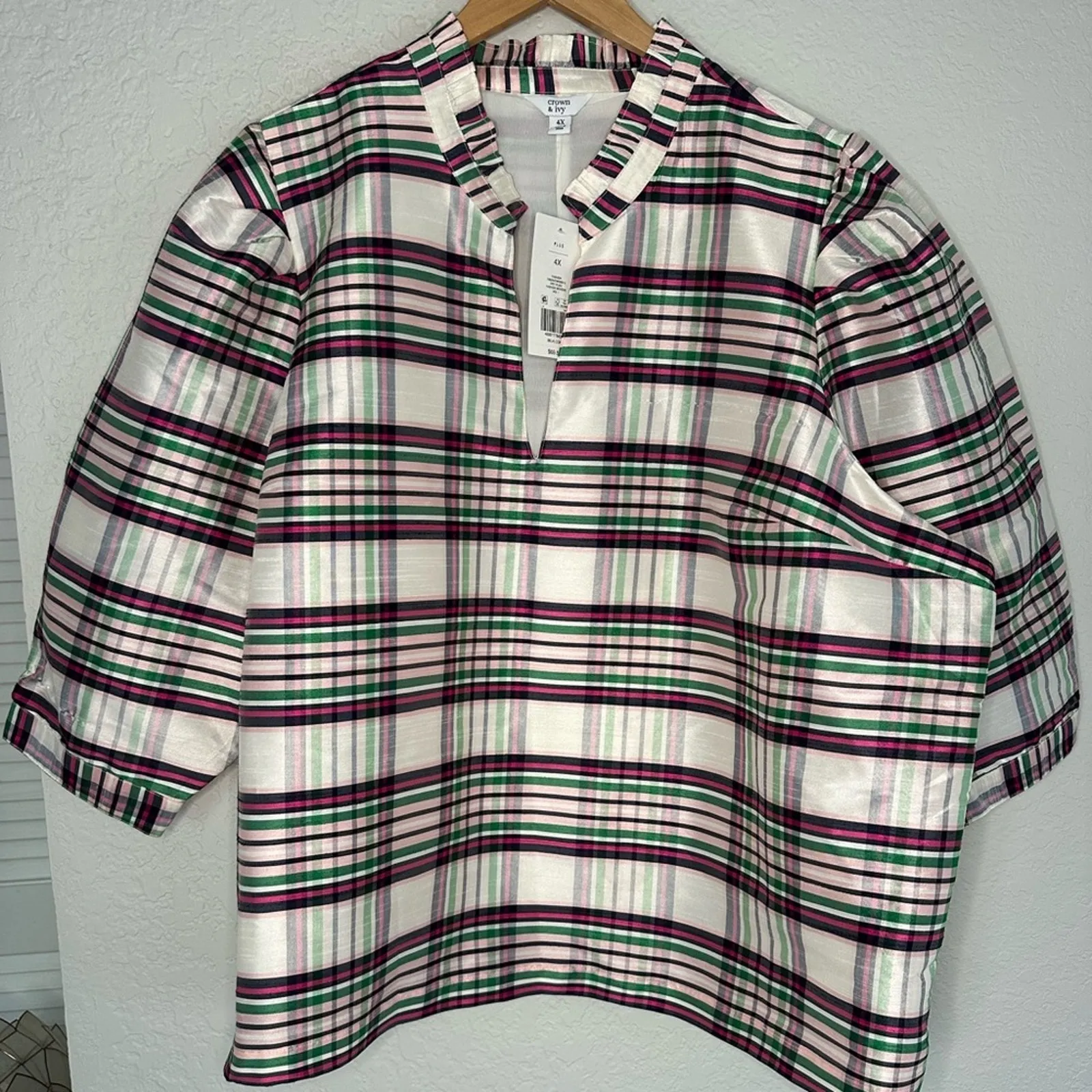 NEW Crown & Ivy Plaid Holiday Top 3/4 Sleeve Blouse Christmas Lined Preppy 4X - Image 2