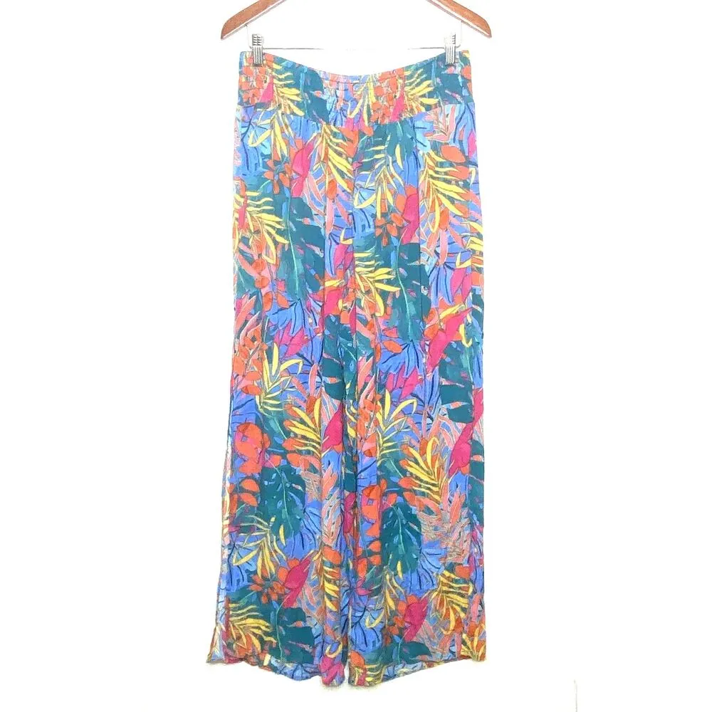 Kona Sol Leaf Print Multicolor Smocked Waist Side Slit Flowy Beach Pants Boho M - Image 2