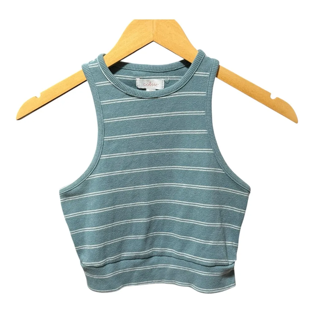Colsie Minimal Ribbed Stripe Cropped Tank Coastal Clean Girl XS Blue - Image 2
