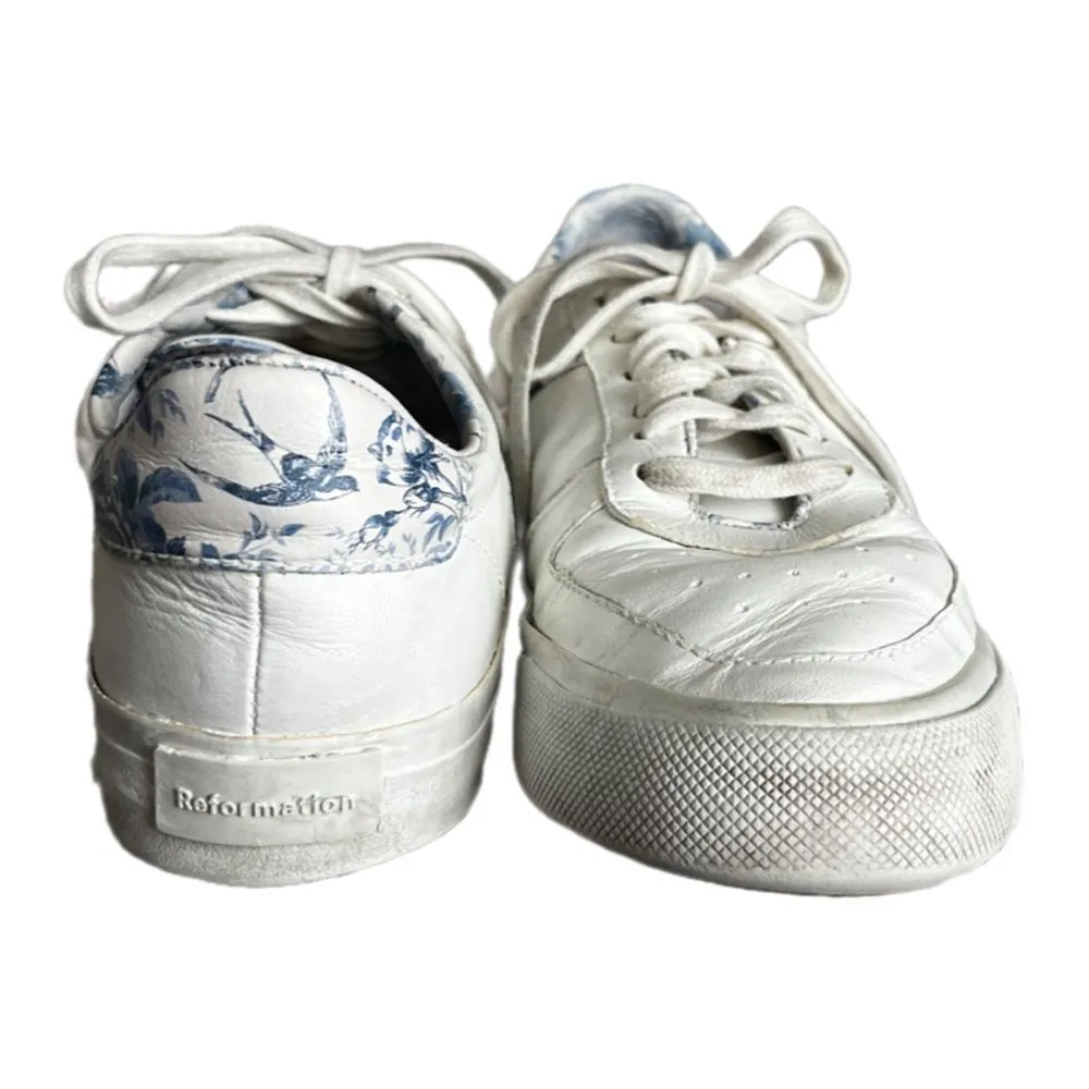 Reformation/Anthropologie Harlow white leather blue floral sneakers size 8 - Image 3