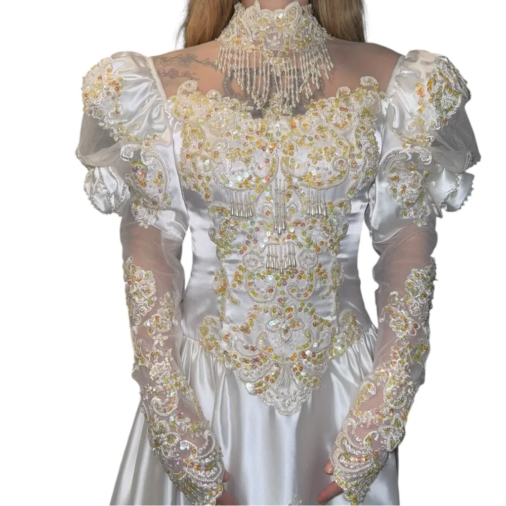 Vtg 80s Beaded Alfred Angelo Satin Lace White Long Slv Wedding Dress 12ft Train - Image 9