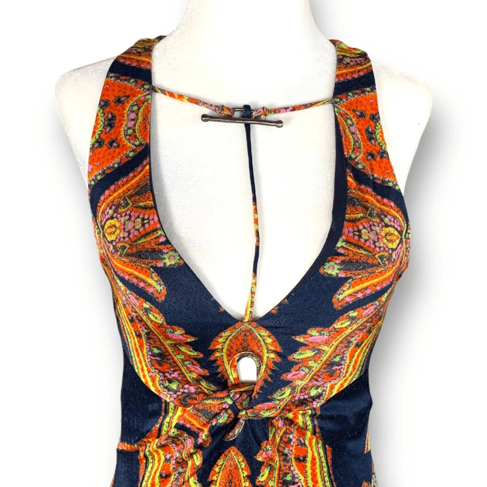 Free People Sin City Midi Dress Psychedelic Boho Paisley Print XS Navy Blue - Image 7